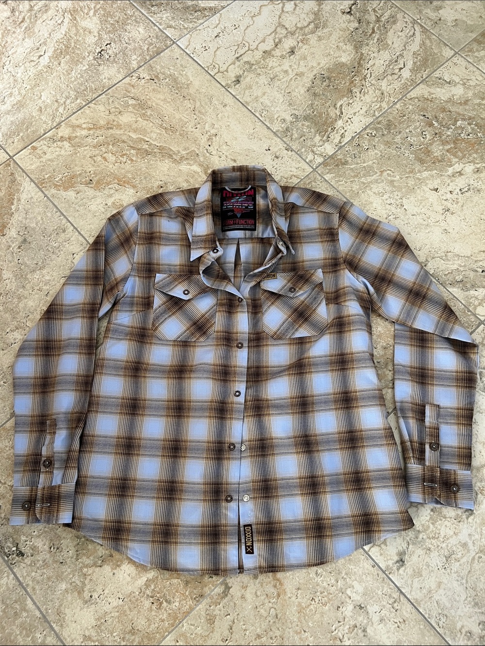 DIXXON Women’s  Plaid Button-Down Shirt - Brown & Light Blue. Sz L